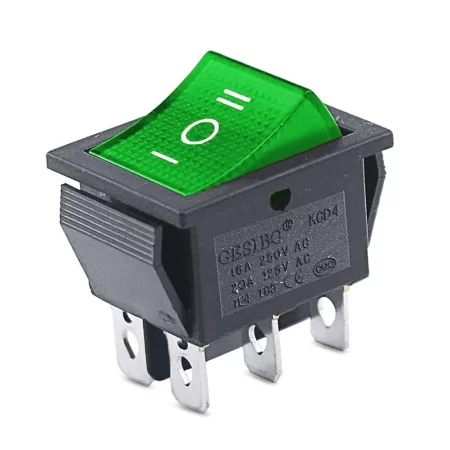 Rocker switch rectangular with backlight KCD4, ON-OFF-ON, green