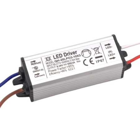 Strømforsyning til LED, 20W, 18-34V, 650mA, IP67