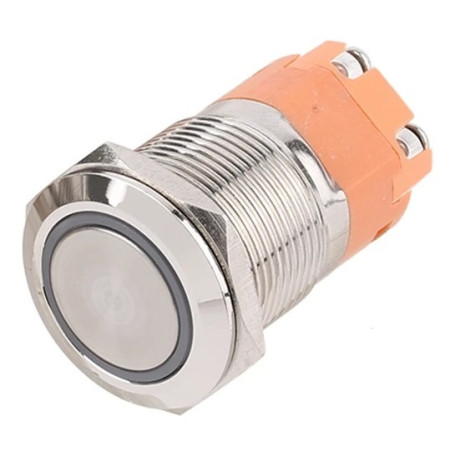Spínač kovový s aretací, stříbrný, průměr 22mm, 20A