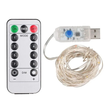 Lanț LED 10m cu controler IR, alimentare USB, impermeabil