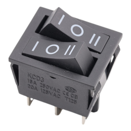 Rectangular double rocker switch, KCD3, ON-OFF-ON, black