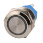 Podświetlany metalowy wyłącznik z blokadą (pozostaje zamknięty po naciśnięciu), do otworu o średnicy 19 mm, napięcie robocze 12-24 V DC, 110-230 V AC.