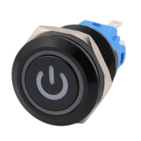 Buton metalic panou ON/OFF negru 19 mm, inel LED, IP65