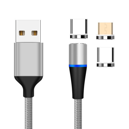 Magneettinen USB-kaapeli pikalataukseen 3in1, hopea