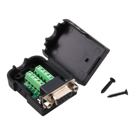 Conector RS232 femelă, 9 pini, cu piulițe și șuruburi